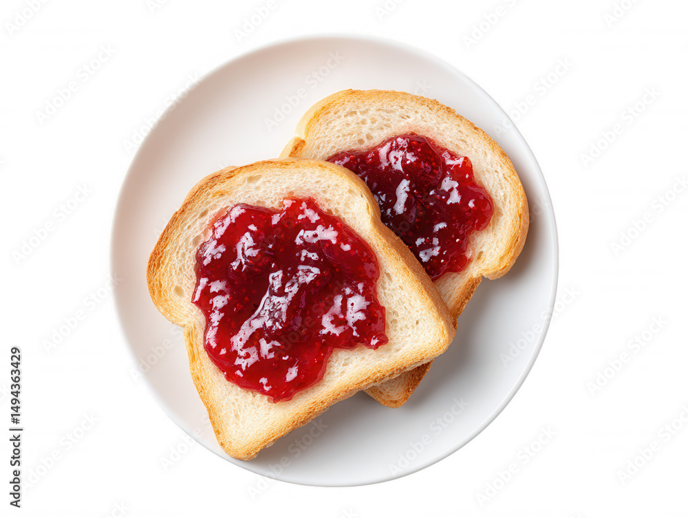 Poster two slices of golden toast topped with vibrant strawberry jam are presented on a plain white plate, 