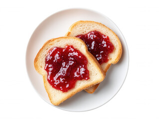 Two slices of golden toast topped with vibrant strawberry jam are presented on a plain white plate, creating a simple yet appetizing breakfast composition.