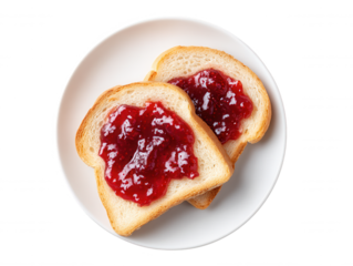 Two slices of golden toast topped with vibrant strawberry jam are presented on a plain white plate, creating a simple yet appetizing breakfast composition.