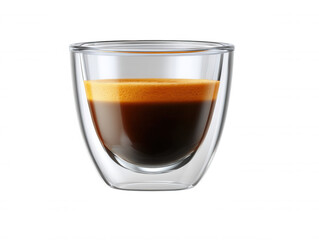 An aromatic espresso shot sits perfectly in a double walled clear glass, showcasing its rich color and creamy crema against a pristine white background for isolation.