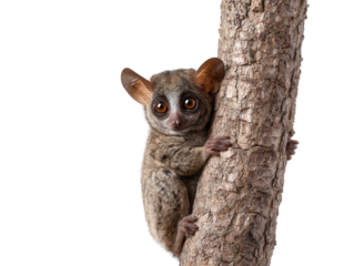 A cute bush baby clings to a tree trunk, gazing forward with its enormous brown eyes in a studio shot emphasizing its endea and unique features and texture.