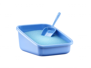 A light blue cat litter box filled with fresh, clean blue litter sits on a white surface with a matching scoop resting inside, ready for use to maintain hygiene.
