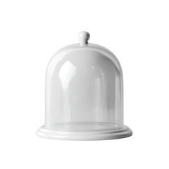 A pristine clear glass dome sitting on a white ceramic base with a spherical handle showcases a timeless elegance ideal for displaying cherished items inside it.
