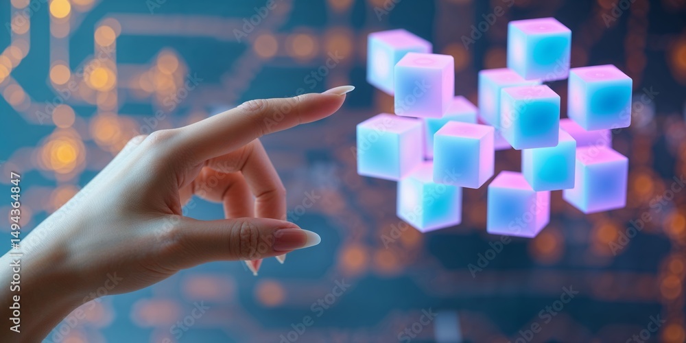 Aufkleber exploration of virtual technology with hand interacting with glowing cubes in a digital environment