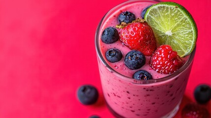 Delicious berry smoothie with lime and fresh fruit
