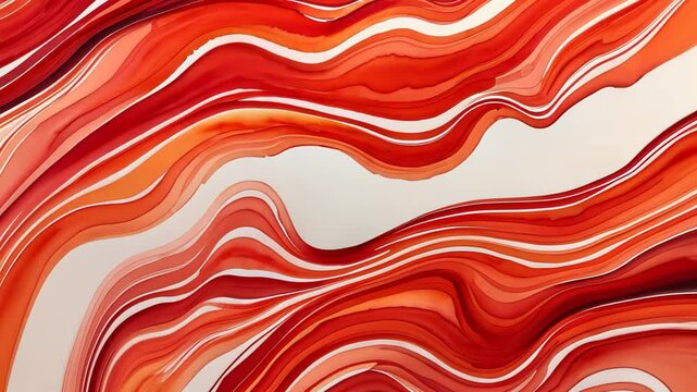 Vibrant red and white paints mixing in dynamic wave-like motion creating flowing abstract pattern. Concept of energy and artistic motion