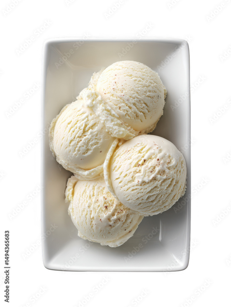 Poster three scoops of creamy vanilla ice cream are presented in a rectangular white bowl, creating a simpl