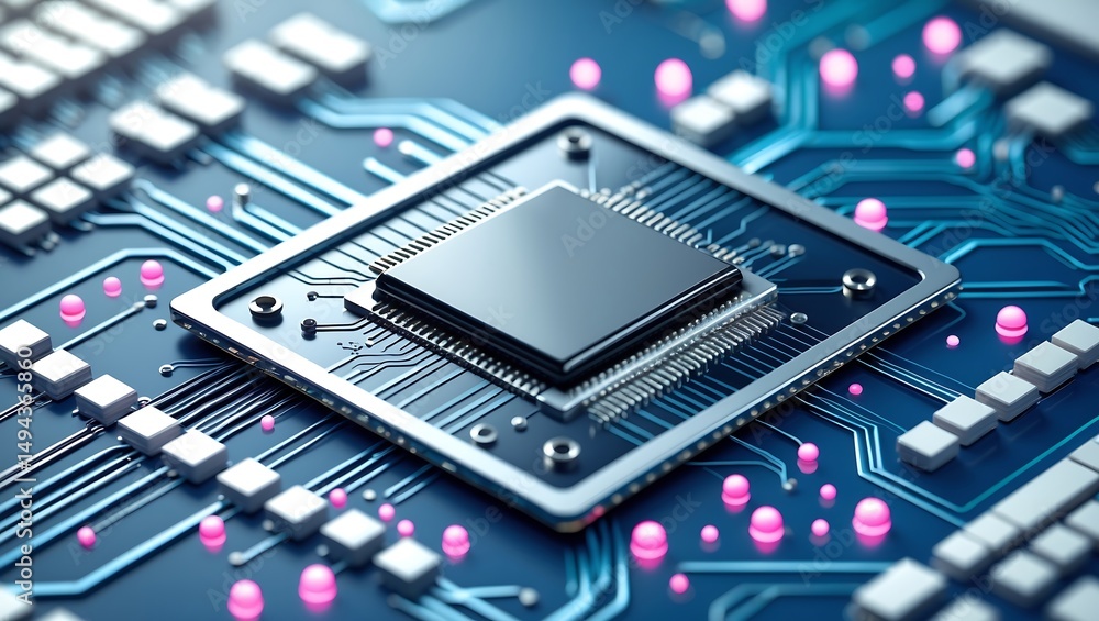 Poster high angle close up of a modern computer processor and electronic circuit board