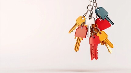 Colorful keys hanging from a chain against a plain background