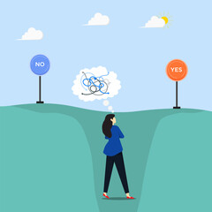 Businesswoman standing on crossroads and thinking to decision making with yes and no road sign. Career strategy and decision to success concept.