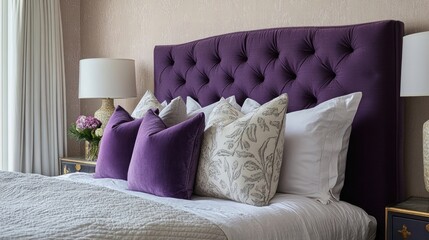 Purple velvet tufted headboard with pillows in serene bedroom