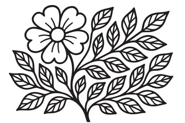 The vector shows a solitary flower and many leaves in monochrome, using crisp black outlines to create a bold and elegant effect.

