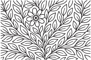 A black and white vector illustration shows one flower with many leaves, outlined in bold black lines, in a clean minimalistic design.

