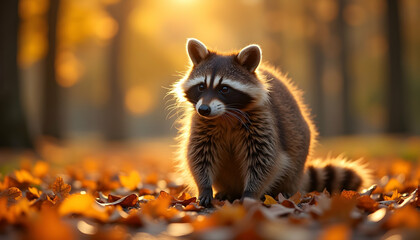 Raccoon Standing on Fallen Leaves in Autumn Sunlight