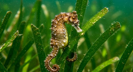Naklejka premium Submerged Seahorse Elegance: A Portrait of Marine Life