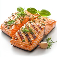 Two grilled salmon fillets, skin-side down, garnished with fresh rosemary, basil, and garlic cloves, on a white background