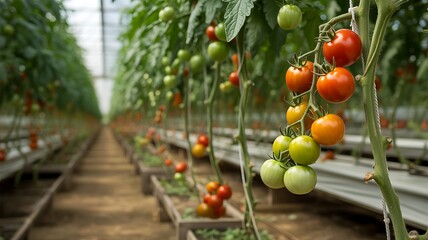 Tomato plants growing in a greenhouse show different stages of ripeness