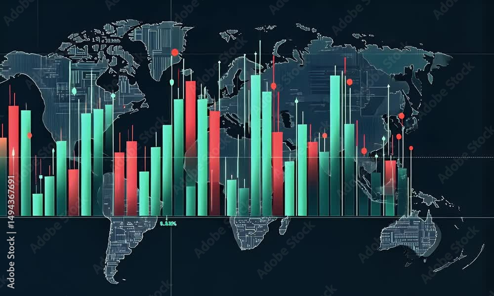 Poster a digital stock market chart with green and red candlestick bars, displayed on an interactive map of
