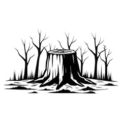 A large tree stump surrounded by bare trees and rough ground.