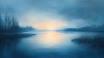 Obraz premium Serene waterscape reflecting soft light at dusk with muted color palette