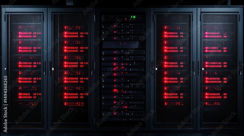 Poster data center infrastructure: servers glowing in a darkened room illuminate computing power