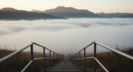 Fototapeta premium Stairway Leading to Mountain View Above Cloud Inversion