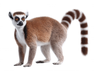 A -tailed lemur with distinctive black and white striped tail stands alert against a clean white background in a detailed and isolated studio shot image.