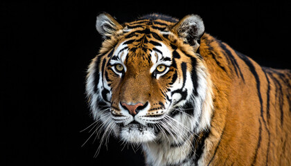 Naklejka premium Tiger Portrait on Black Background – Majestic Wild Cat in Dramatic Lighting