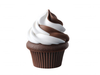 A delicious chocolate cupcake with a swirl of vanilla and chocolate frosting sits isolated against a stark white background ready to be enjoyed as a sweet treat.