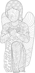 Zentangle Angel Coloring Page, A detailed line art illustration of an angel figure with intricate zentangle-inspired patterns, perfect for adult coloring books, relaxation, or spiritual themes. 