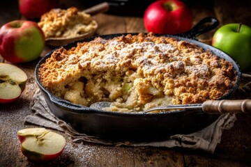 Freshly Baked Apple Crisp in Cast Iron Skillet Surrounded by Red and Green Apples on Wooden Table with Dusting of Sugar