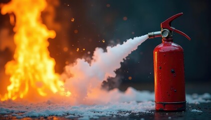 Close-up of a fire extinguisher spraying foam onto flames , safety training, fire extinguisher foam
