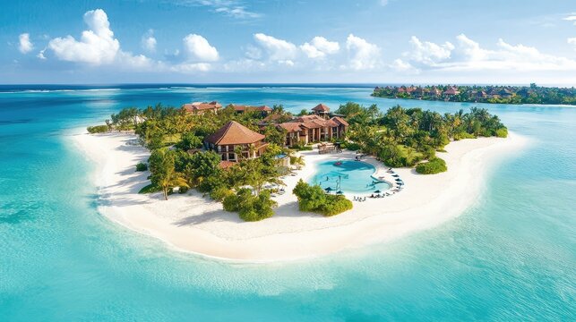 Bird eye view of an idyllic island escape, surrounded by white sand and crystal-clear waters