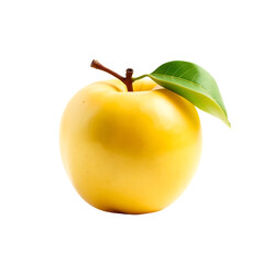 A Single, Perfectly Ripe Golden Delicious Apple with a Green Leaf