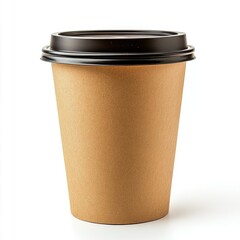 Kraft paper cup with black lid, isolated
