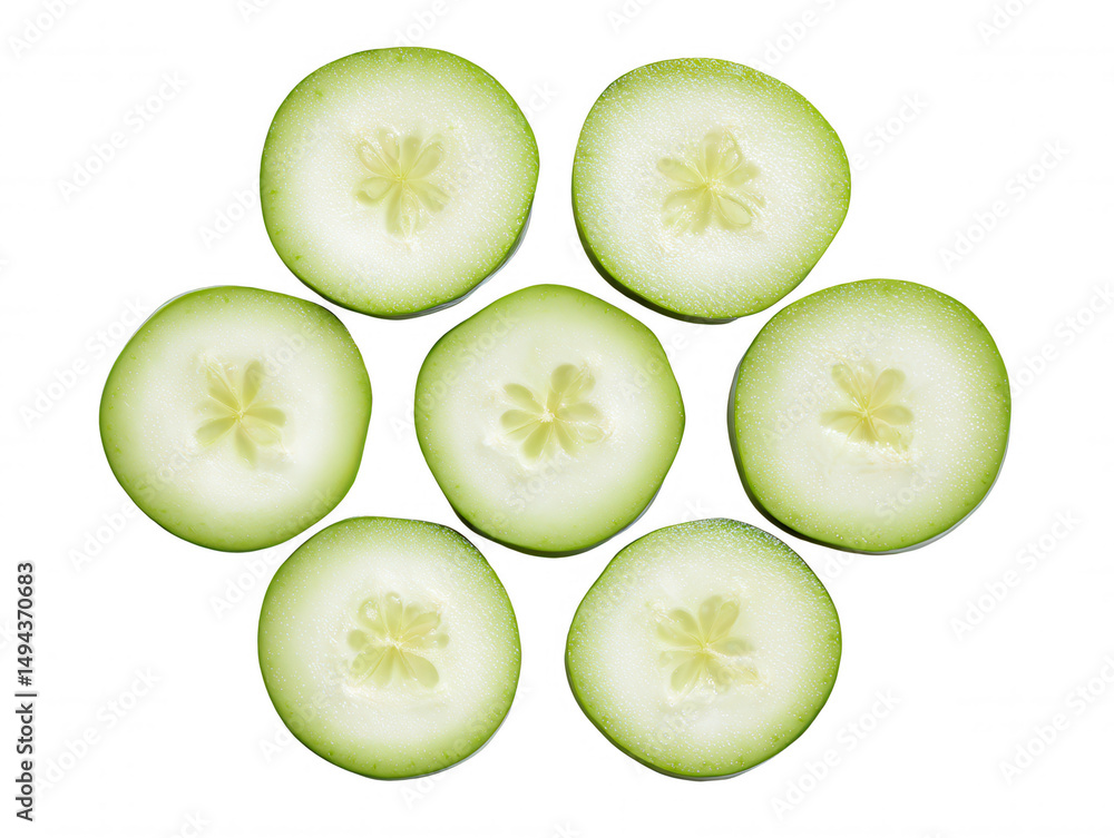 Aufkleber freshly sliced cucumber pieces are artfully arranged in a circular pattern on a bright white surface