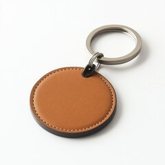 Tan leather keychain with circular disc and silver metal ring