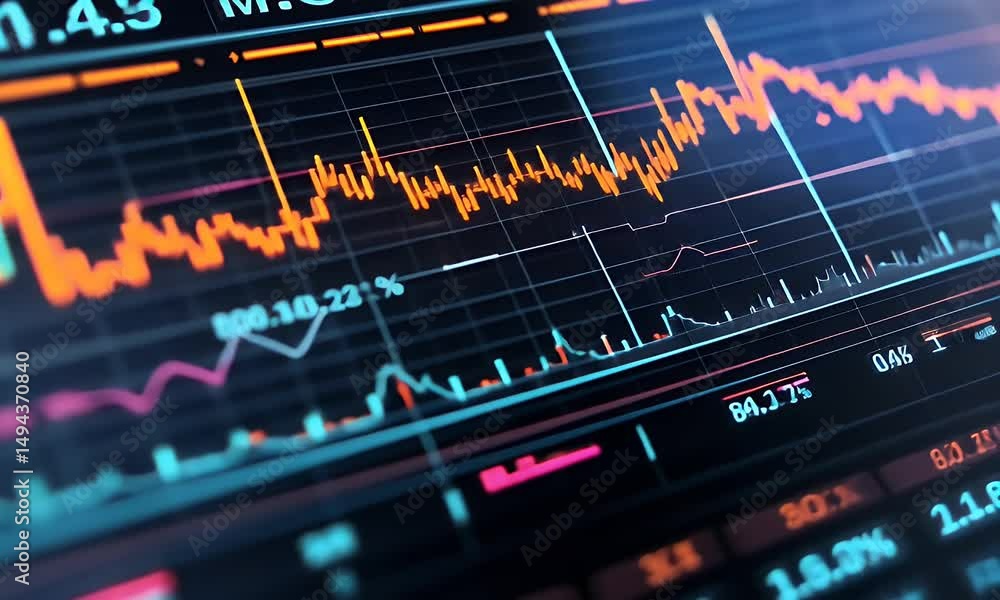 Poster close-up of stock market charts on a computer screen, displaying animated graphs and numbers. the ba