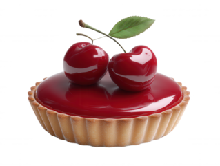 A beautiful cherry tart with a shiny red glaze and two vibrant cherries topped with a green leaf sits elegantly on a white background awaiting dessert time.