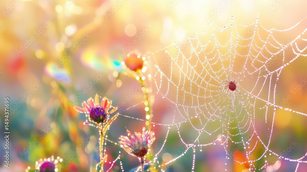 Poster intricate spiderweb sparkling with dewdrops, refracting sunlight into a rainbow spectrum in soft mor