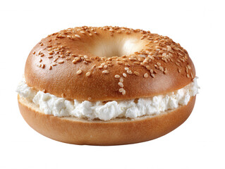 A delicious toasted bagel with sesame seeds is filled generously with creamy white cheese, presented against a clean white background for a tasty snack time treat.