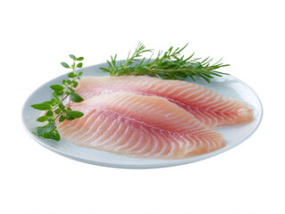 Two fresh tilapia fillets rest on a white plate, adorned with vibrant green rosemary and oregano sprigs, presenting a healthy and appetizing seafood option.