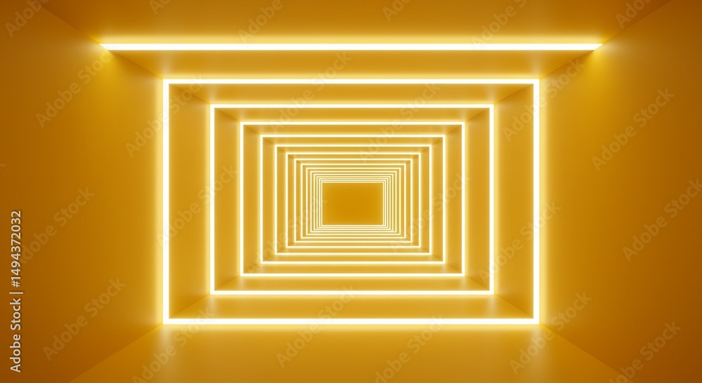 Poster glowing yellow rectangular tunnel perspective with diminishing light pattern