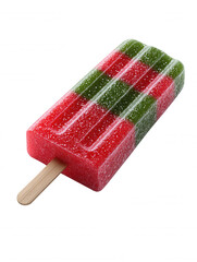 A refreshing red and green striped popsicle is displayed on a white background, offe a sweet and colorful treat perfect for a hot summer day refreshment.