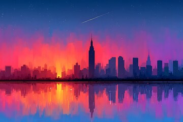 Obraz premium Vibrant cityscape silhouette reflecting on calm water under a starry night with a shooting star