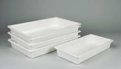 Stack of White Plastic Trays Isolated on Gray Background
