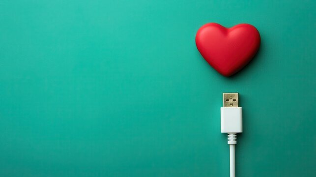 Heart Symbol with USB Connector on a Teal Background Representing Love and Digital Connection
