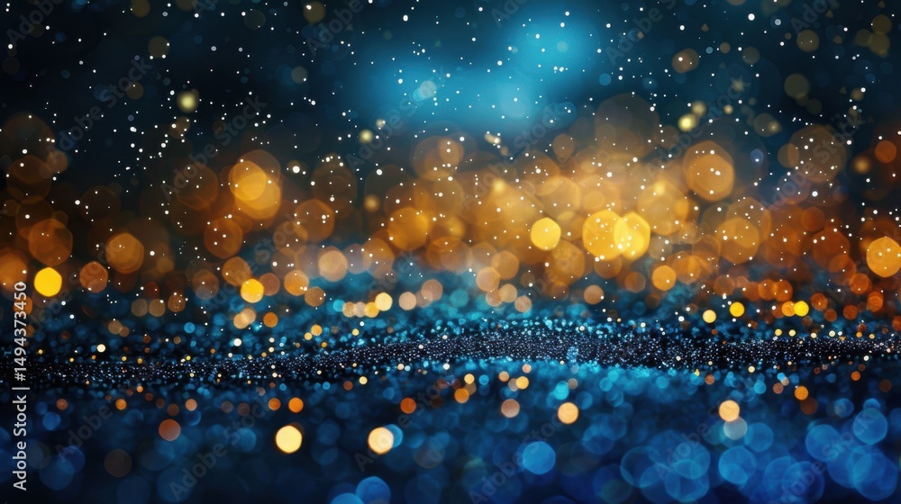 Poster abstract background with bokeh lights in blue and gold tones creating a magical and festive atmosphe