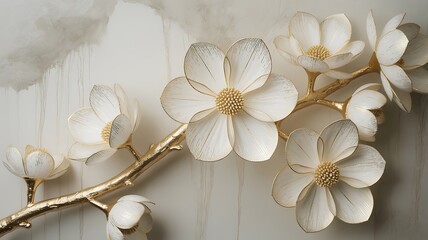 Elegant White and Gold Floral Branch with a Luxurious Marble Background