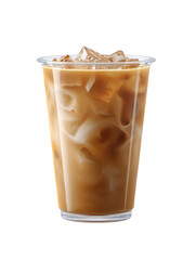 Iced coffee beverage in a clear plastic cup shows an inviting swirl of coffee and milk with ice cubes isolated on a clean and minimalist white background.